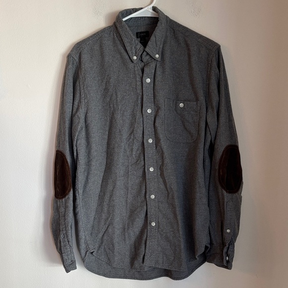 J. Crew Gray wool flannel Button-Down Shirt Brown leather Elbow Patches men’s LG - Picture 1 of 9